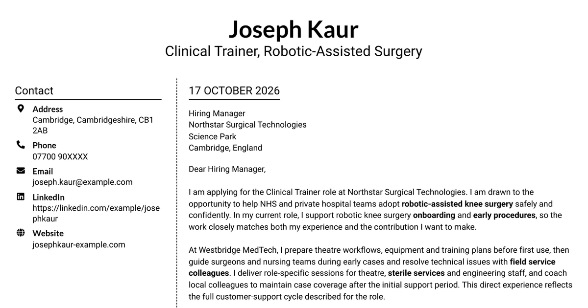 7 Clinical Trainer - Robotic-Assisted Knee Surgery Cover Letter Templates with Example