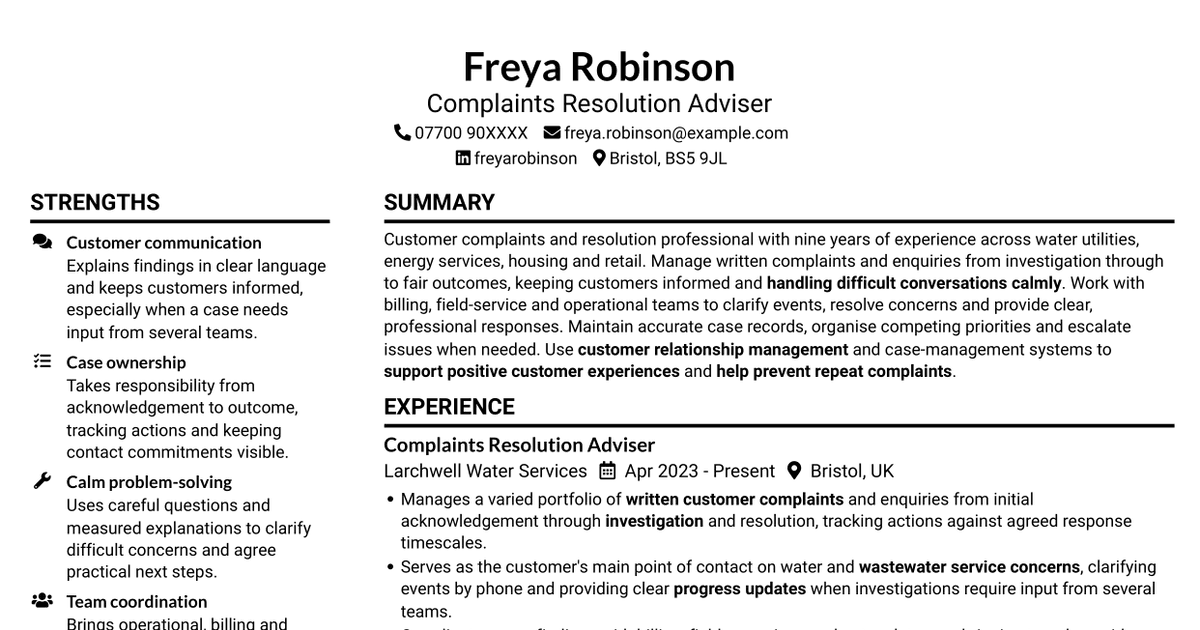 7 Complaints Advisor - Water and Wastewater CV Templates with Example