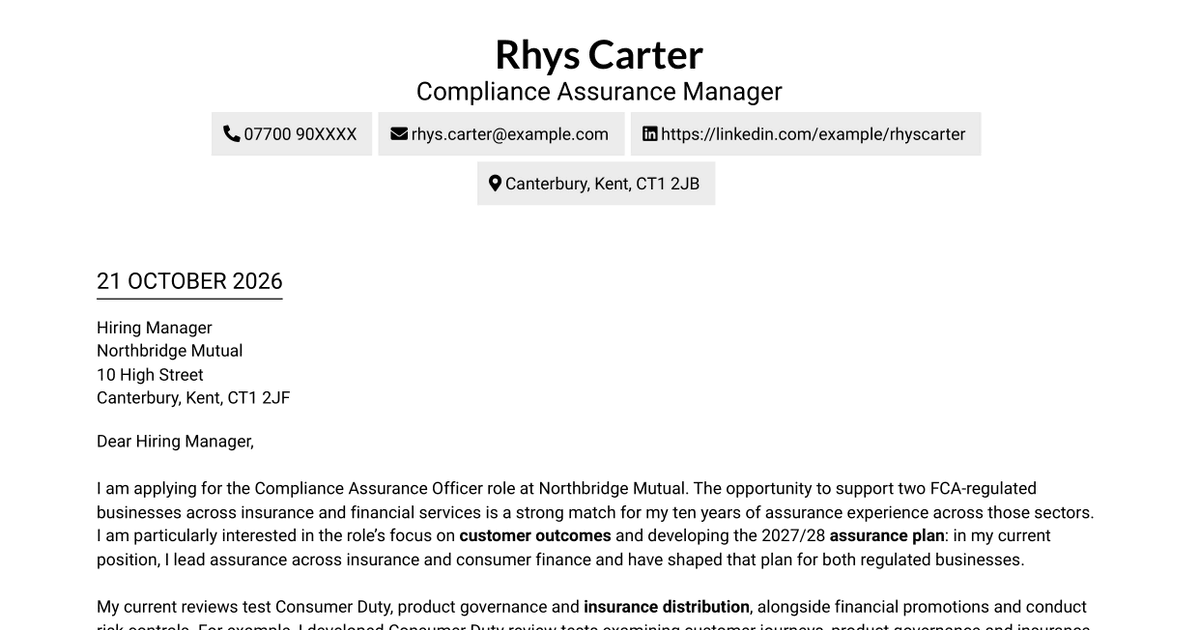 7 Compliance Assurance Officer - FCA-Regulated Financial Services Cover Letter Templates with Example