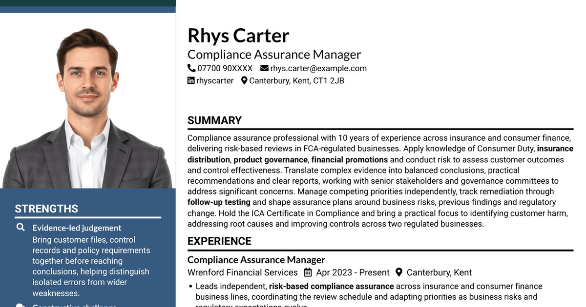 7 Compliance Assurance Officer - FCA-Regulated Financial Services CV Templates with Example