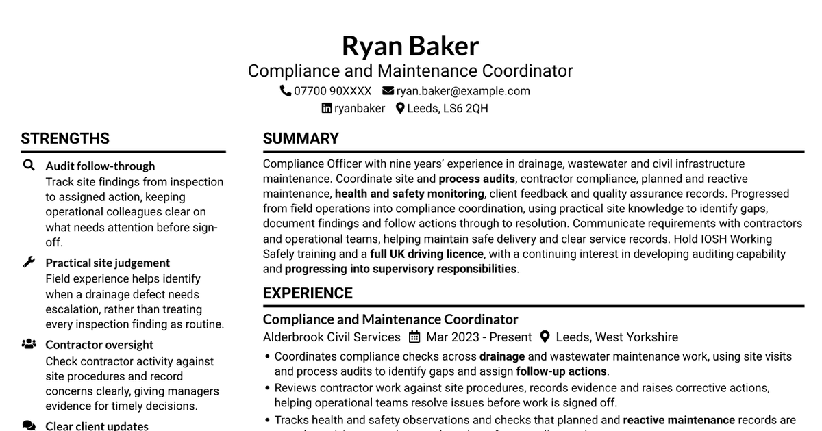 Compliance Officer - Drainage and Wastewater Operations CV