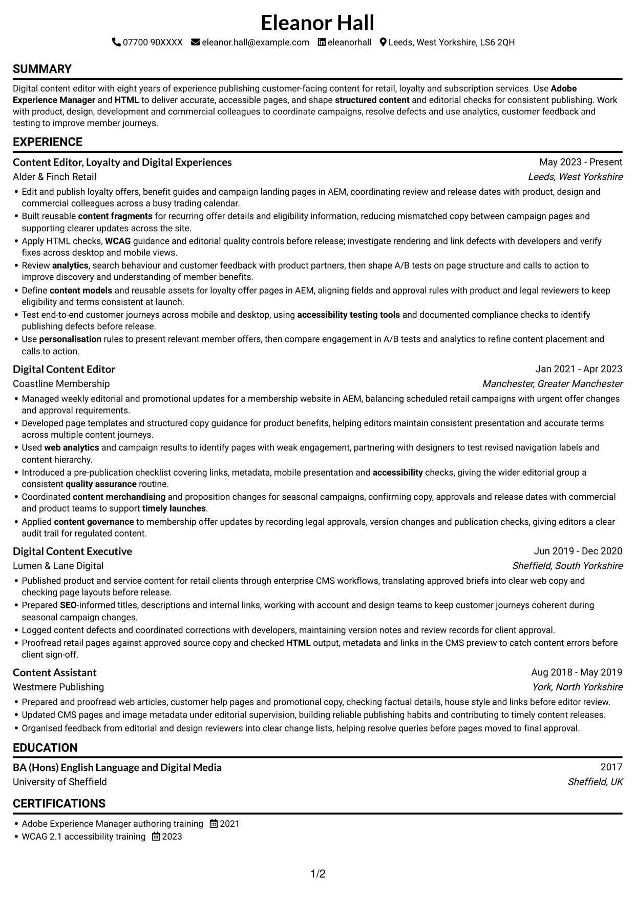 CV example — page 1