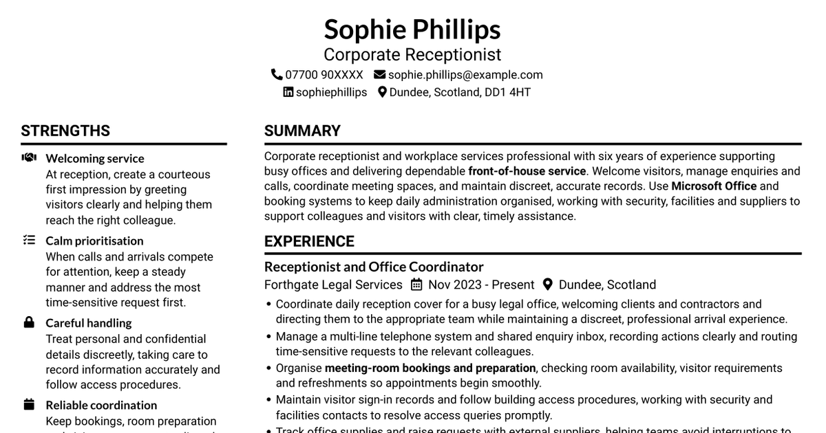7 Corporate Receptionist CV Templates with Example