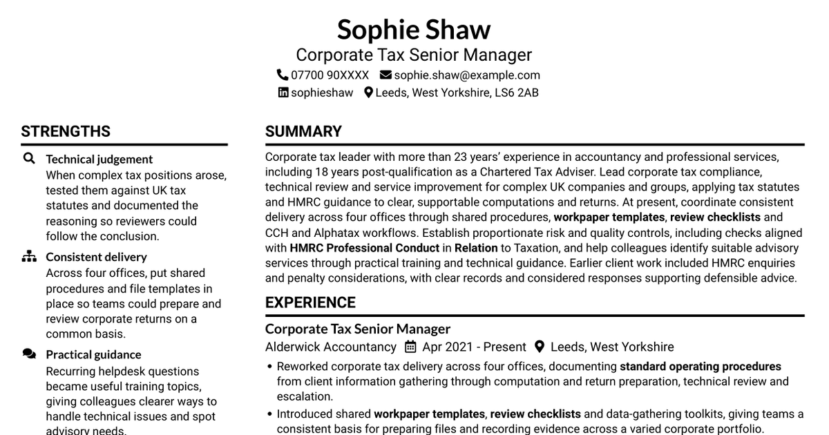 7 Corporate Tax Senior Manager CV Templates with Example