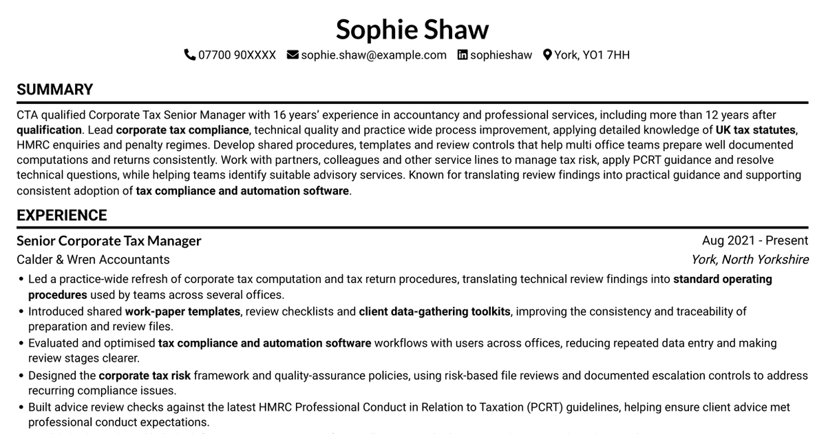 7 Corporate Tax Senior Manager - Tax Compliance and Risk CV Templates with Example