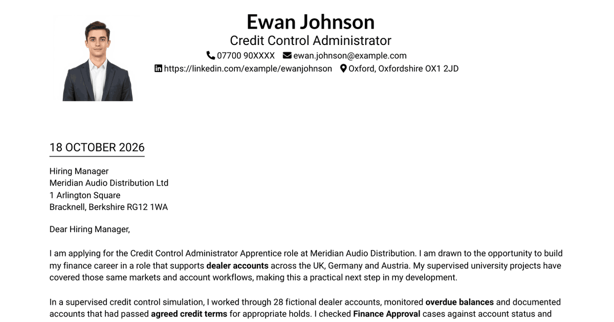 7 Credit Control Administrator Apprentice Cover Letter Templates with Example