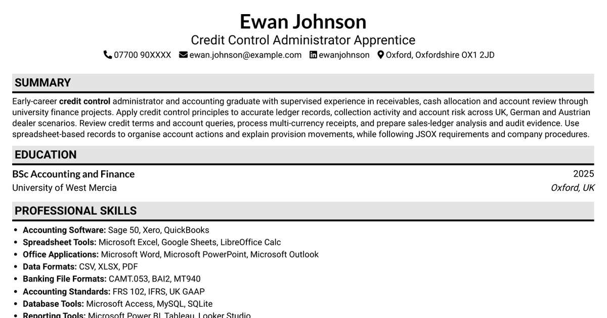 7 Credit Control Administrator Apprentice CV Templates with Example