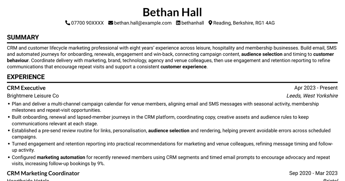 7 CRM Executive - Customer Lifecycle Campaigns CV Templates with Example