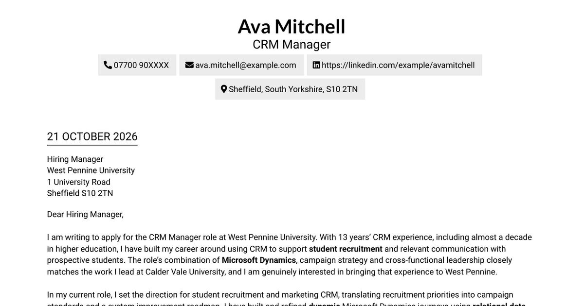 7 CRM Manager - Student Recruitment Marketing Cover Letter Templates with Example