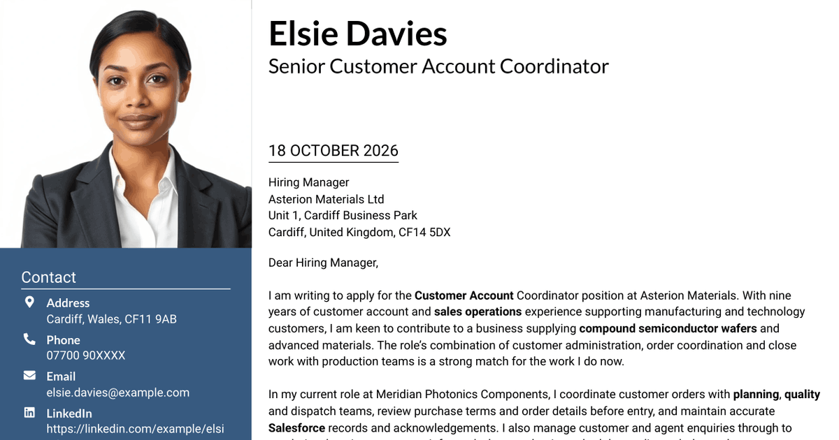 7 Customer Account Coordinator - Semiconductor Sales Operations Cover Letter Templates with Example