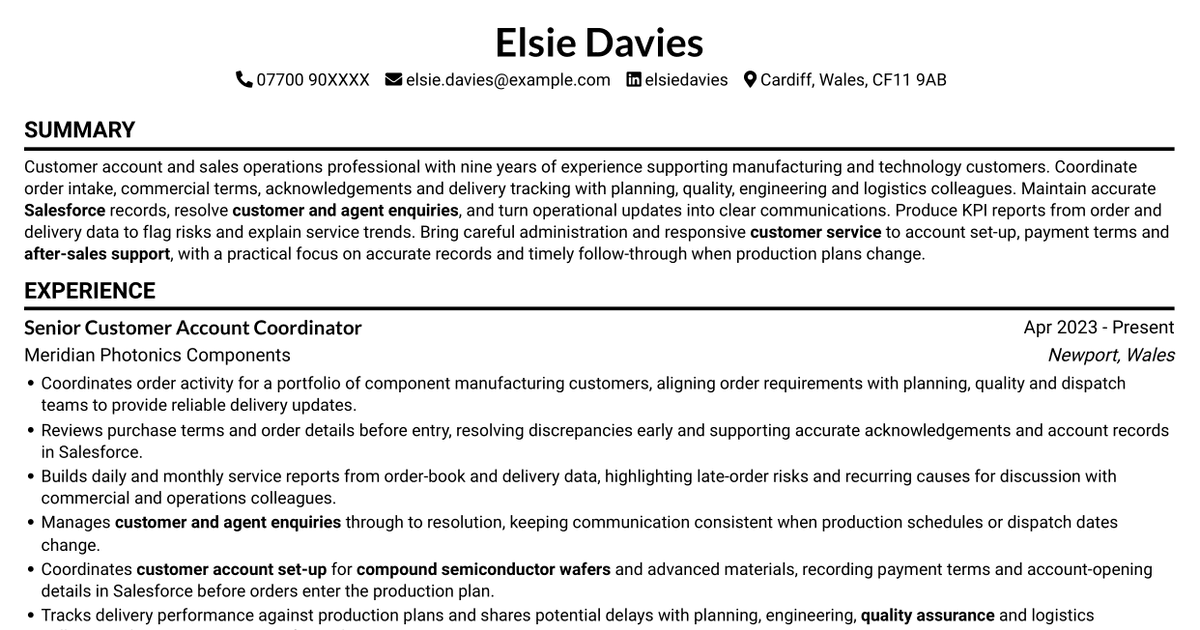 7 Customer Account Coordinator - Semiconductor Sales Operations CV Templates with Example