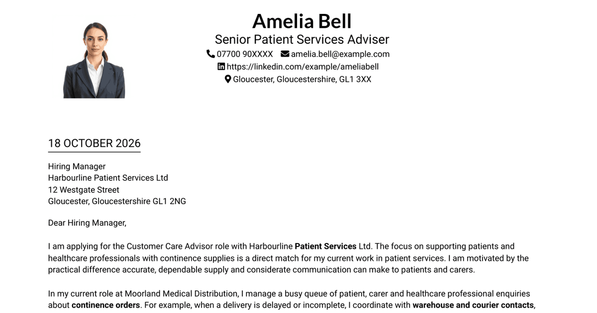 7 Customer Care Advisor - Continence Care Cover Letter Templates with Example