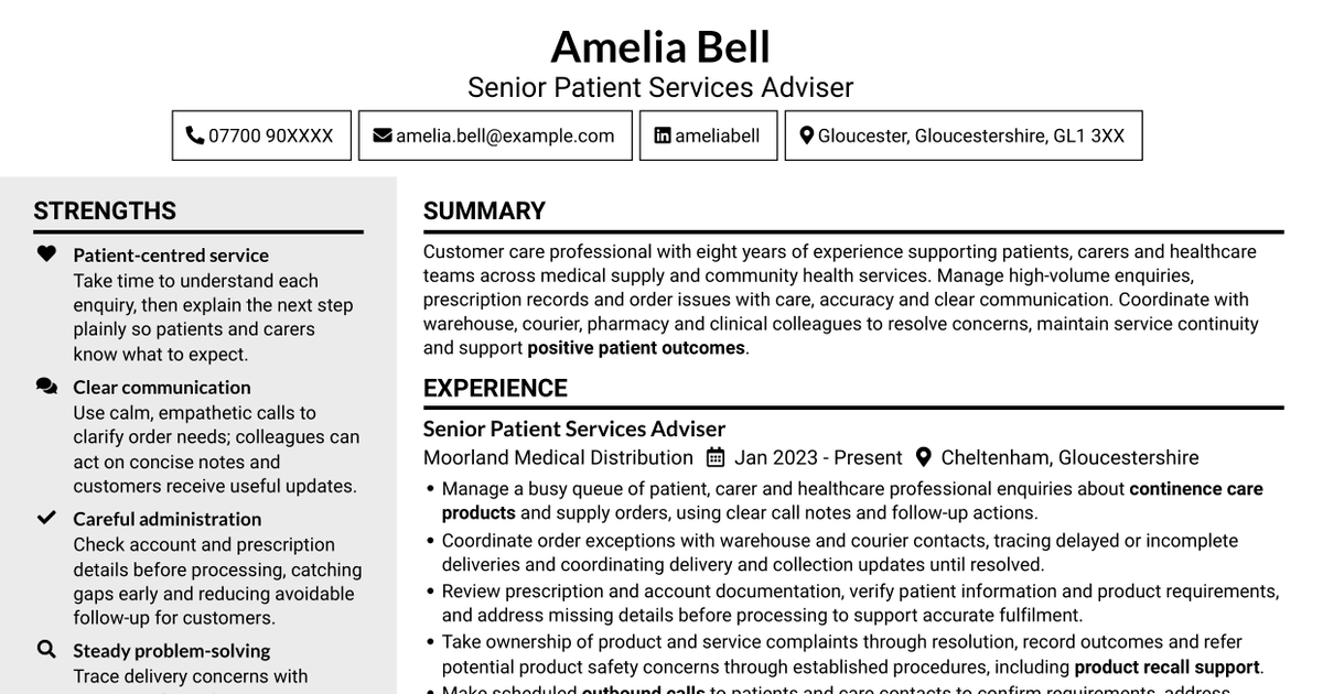 7 Customer Care Advisor - Continence Care CV Templates with Example