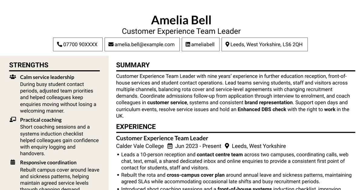 7 Customer Experience Team Leader - Student Recruitment and Campus Services CV Templates with Example