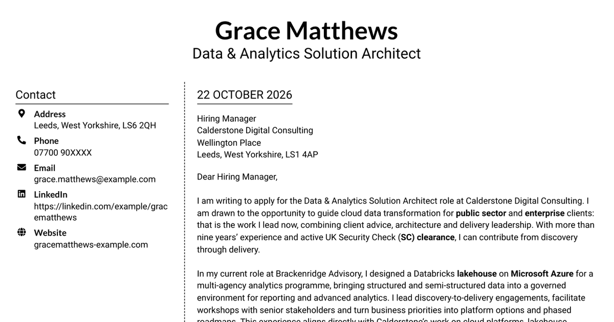 7 Data & Analytics Solution Architect - Cloud Data Platforms Cover Letter Templates with Example