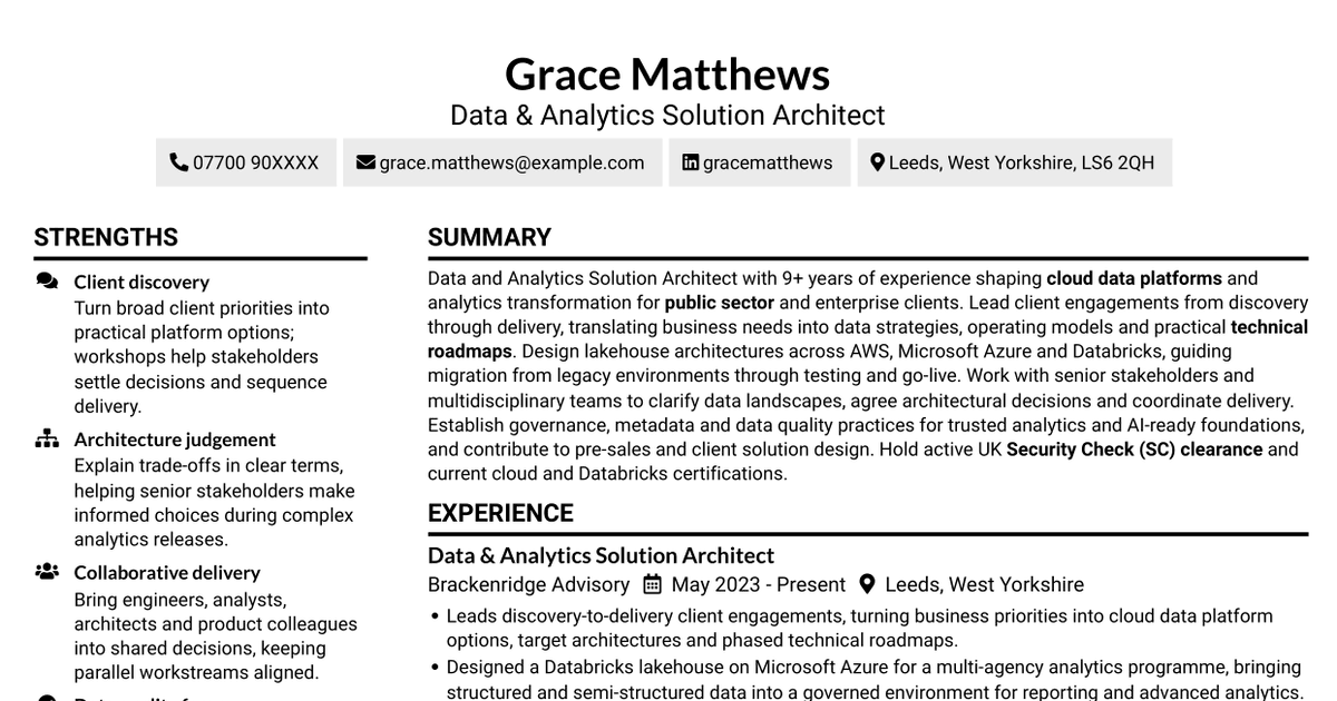 7 Data & Analytics Solution Architect - Cloud Data Platforms CV Templates with Example