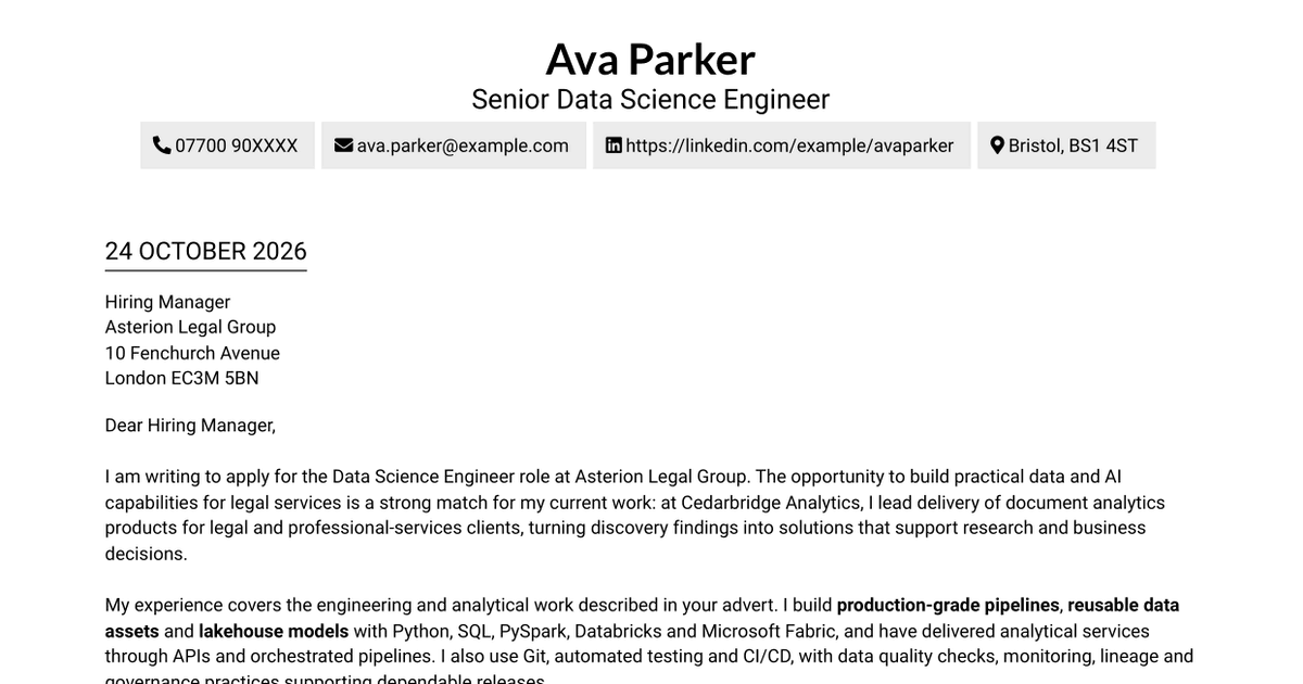 Data Science Engineer - Legal Document Analytics Cover Letter