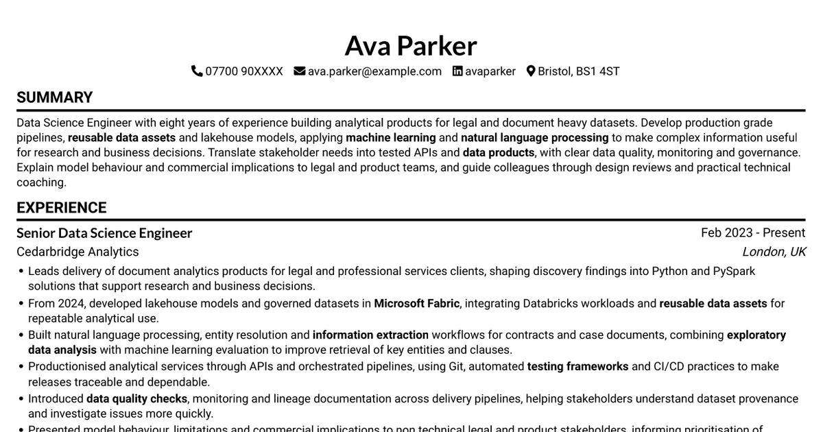 Data Science Engineer - Legal Document Analytics CV