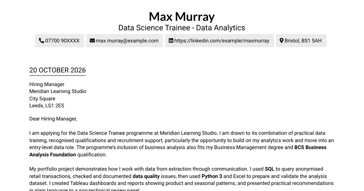 7 Data Science Trainee - Data Analytics Cover Letter Templates with Example