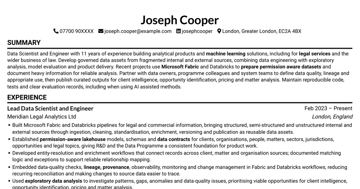 7 Data Scientist & Engineer - Legal Data Products CV Templates with Example