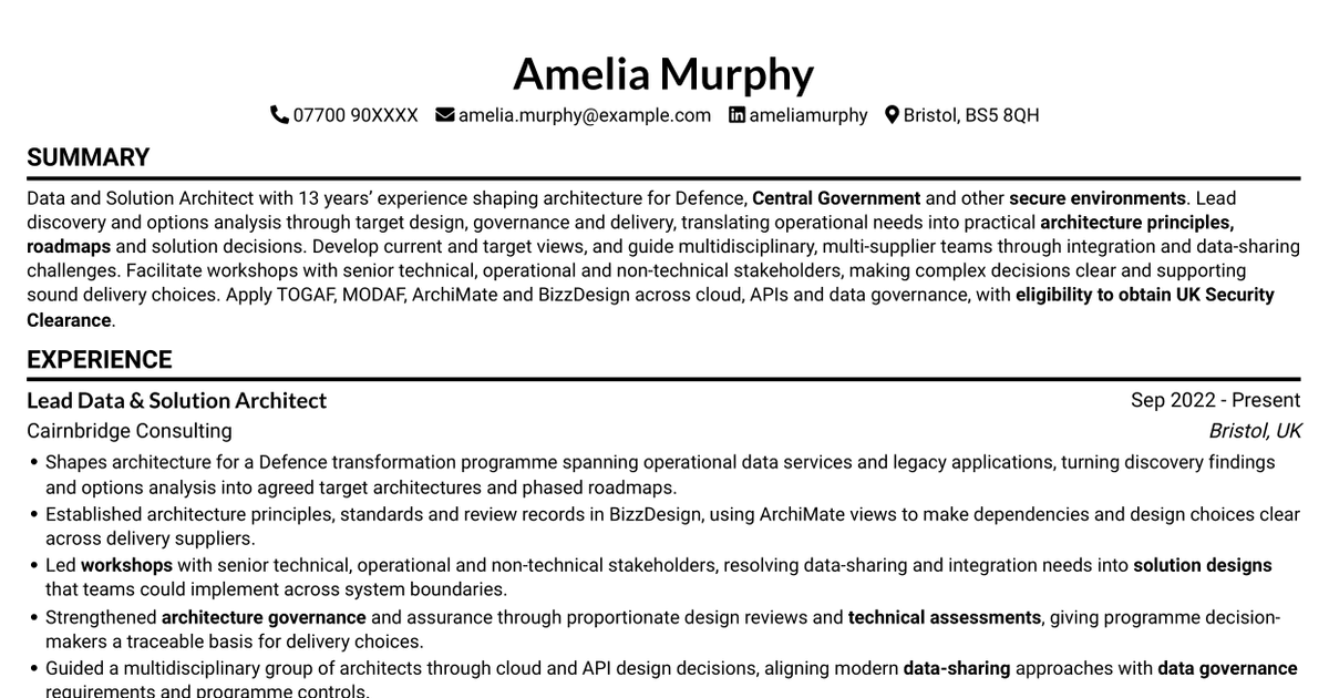 7 Data & Solution Architect - Defence CV Templates with Example