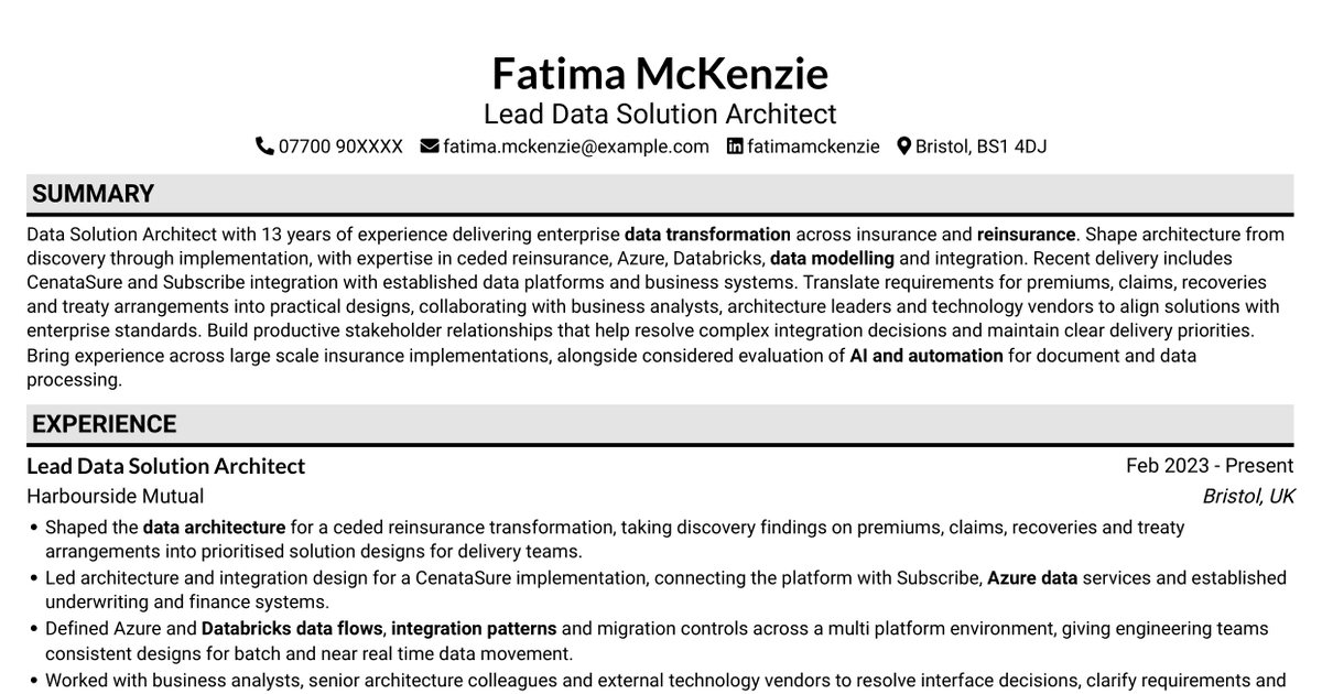 7 Data Solution Architect - Reinsurance CV Templates with Example