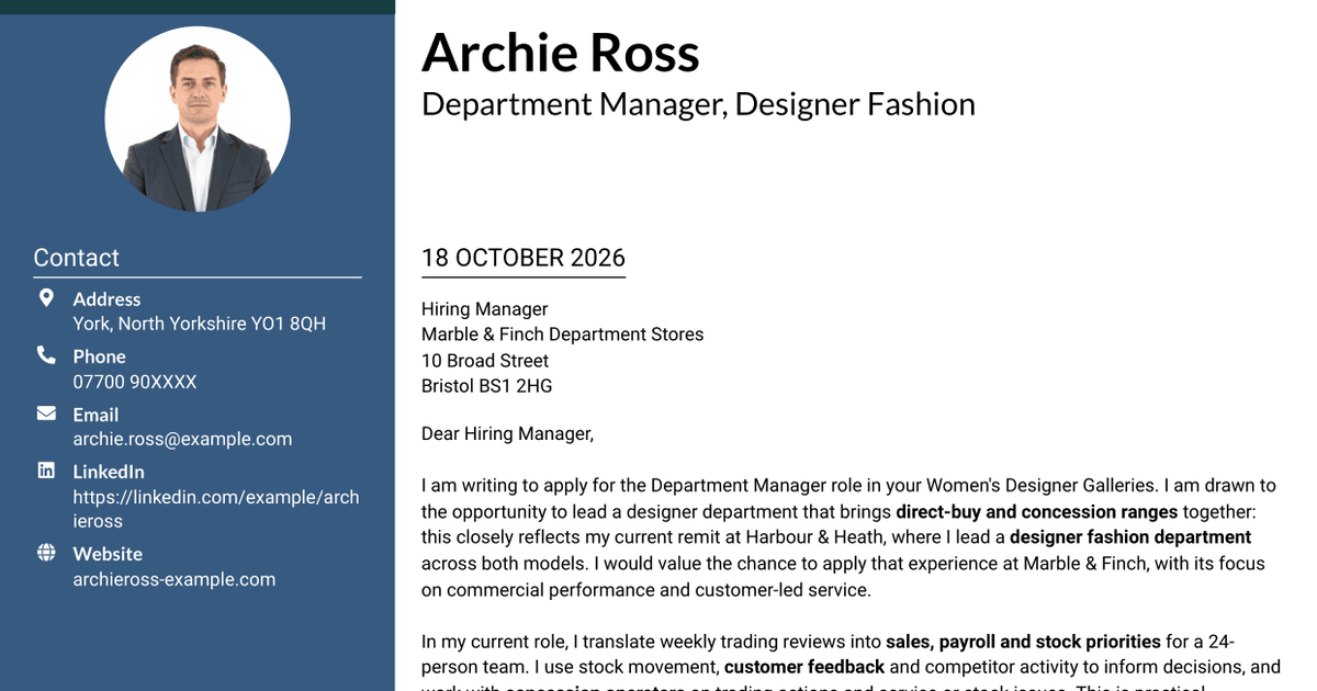 7 Department Manager - Women's Designer Galleries Cover Letter Templates with Example