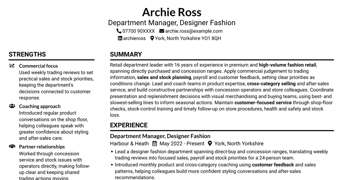 7 Department Manager - Women's Designer Galleries CV Templates with Example