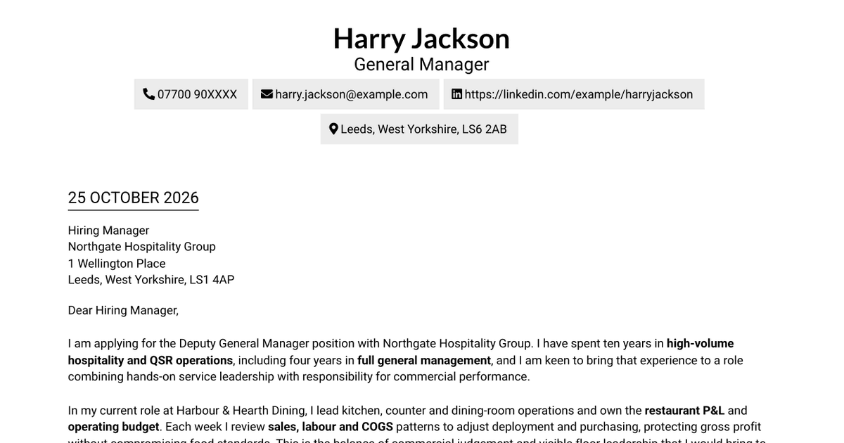 7 Deputy General Manager - Quick-Service Restaurant Operations Cover Letter Templates with Example