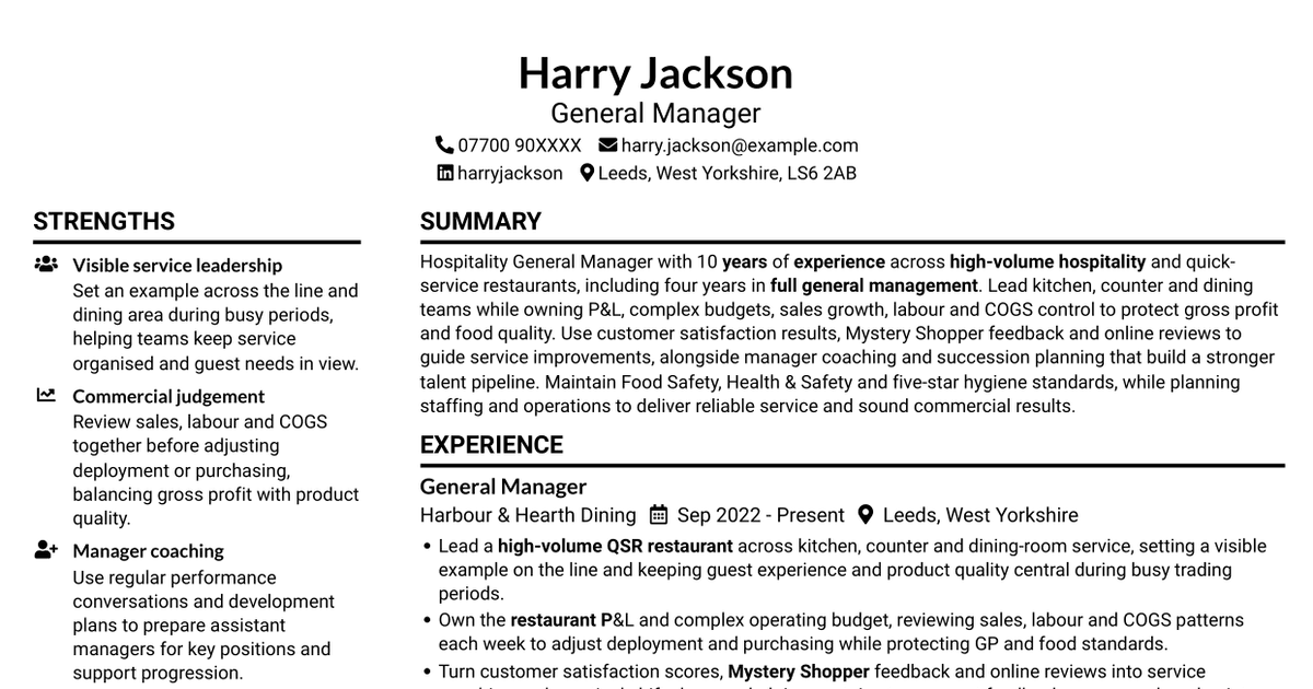 7 Deputy General Manager - Quick-Service Restaurant Operations CV Templates with Example