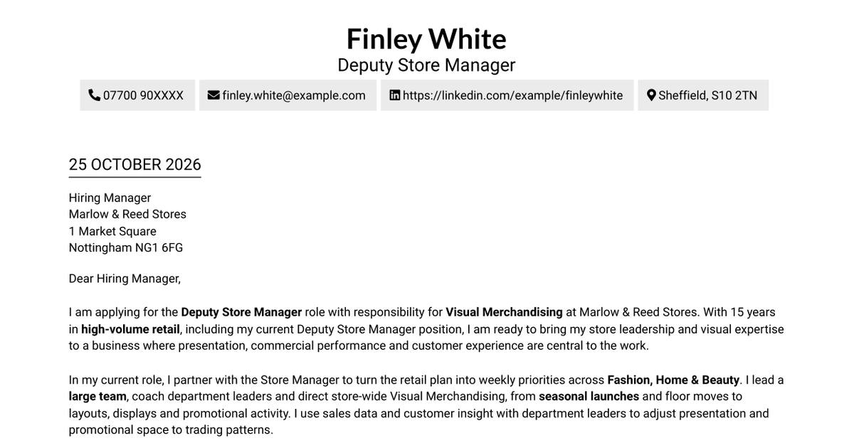 Deputy Store Manager - Visual Merchandising Cover Letter