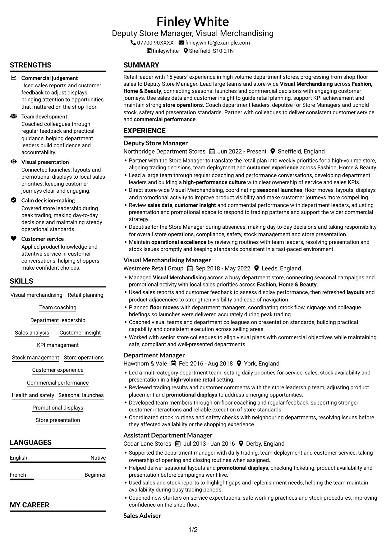 Deputy Store Manager - Visual Merchandising CV, page 1