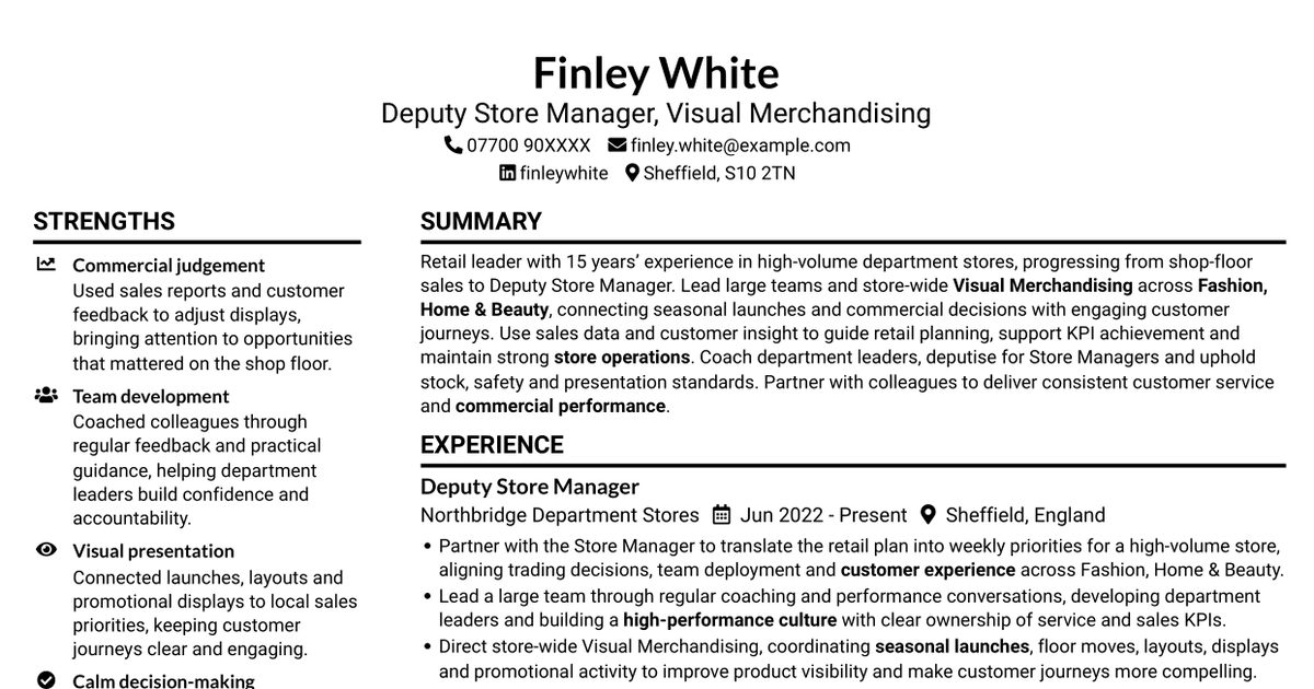 Deputy Store Manager - Visual Merchandising CV
