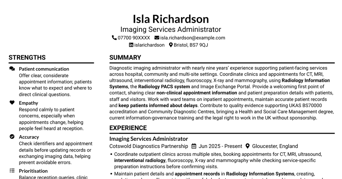 7 Diagnostic Imaging Administrator - Patient Coordination CV Templates with Example