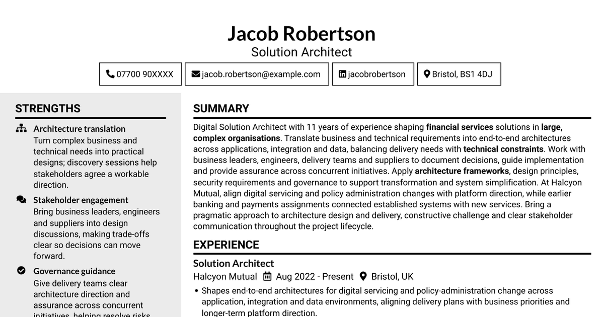 7 Digital Solution Architect - Financial Services CV Templates with Example