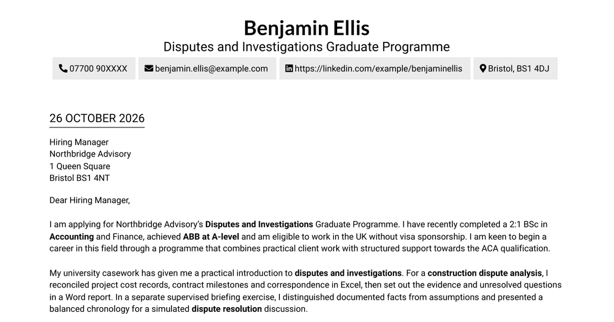 7 Disputes and Investigations Graduate Programme Cover Letter Templates with Example