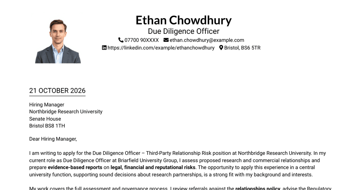7 Due Diligence Officer - Third-Party Relationship Risk Cover Letter Templates with Example