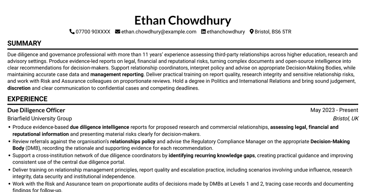 7 Due Diligence Officer - Third-Party Relationship Risk CV Templates with Example