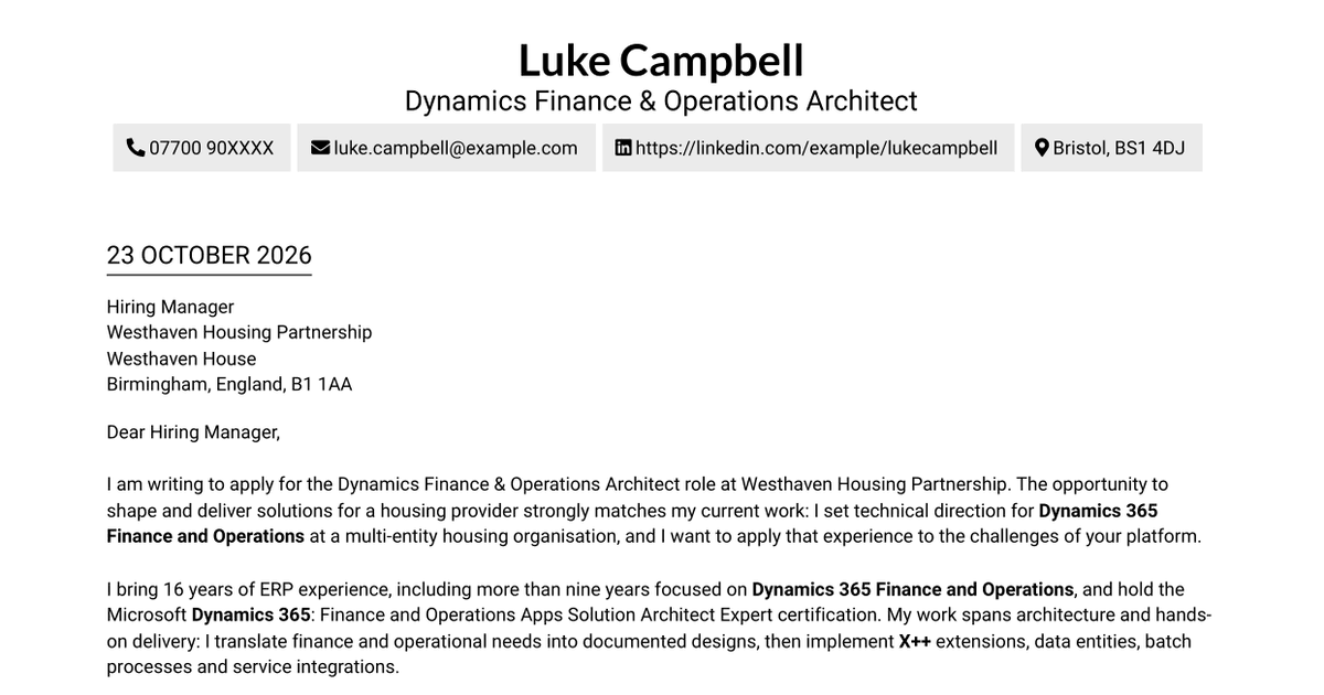 7 Dynamics Finance & Operations Architect Cover Letter Templates with Example