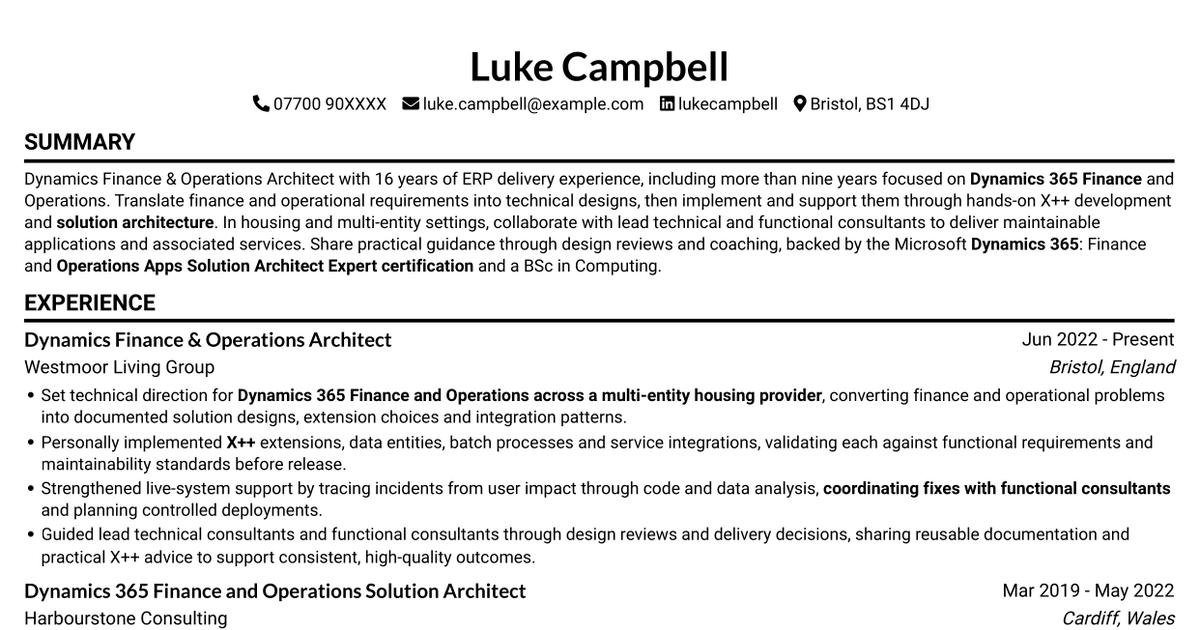 7 Dynamics Finance & Operations Architect CV Templates with Example
