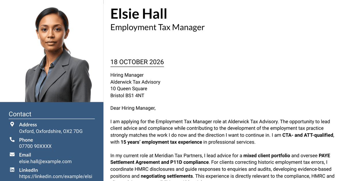 7 Employment Tax Manager - Client Advisory and Compliance Cover Letter Templates with Example