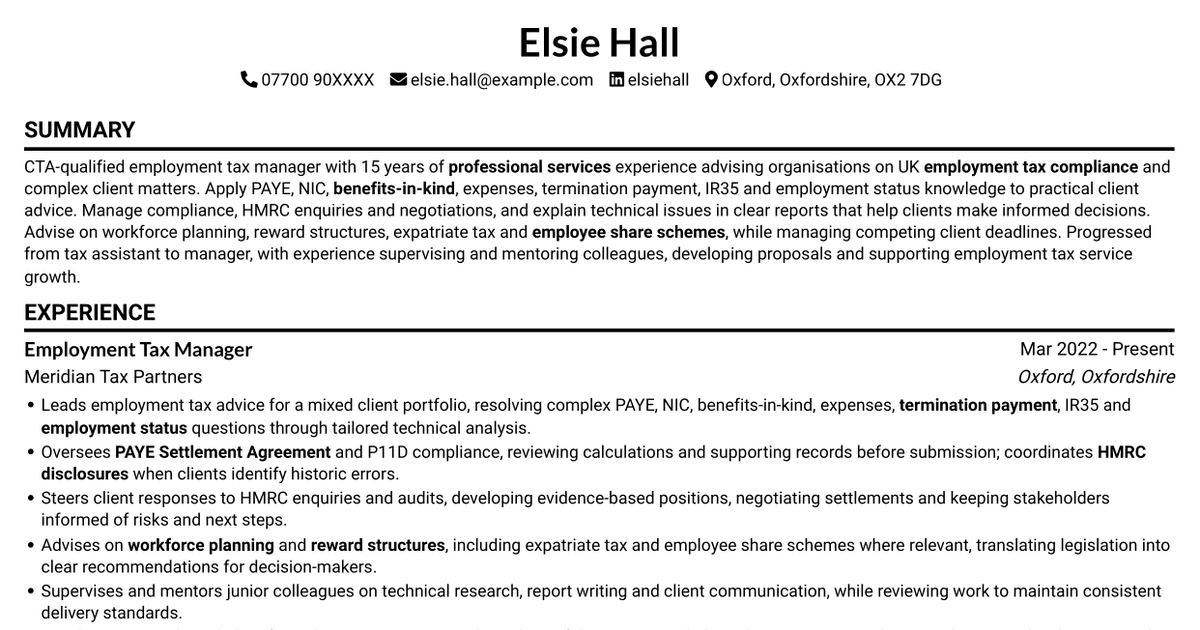 7 Employment Tax Manager - Client Advisory and Compliance CV Templates with Example
