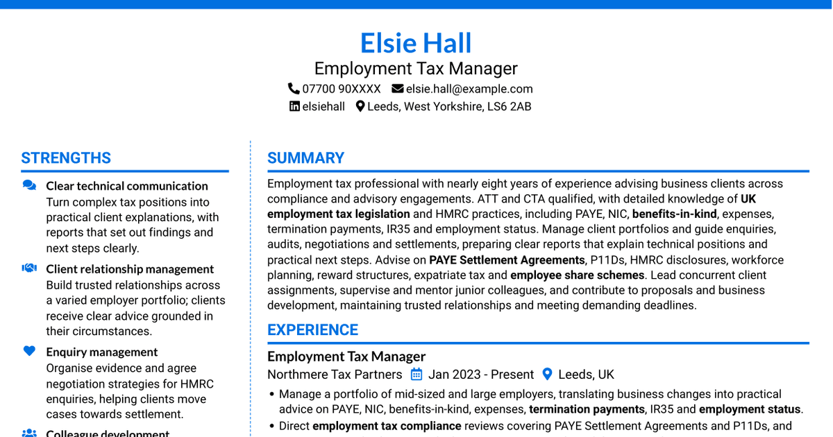 7 Employment Tax Manager CV Templates with Example
