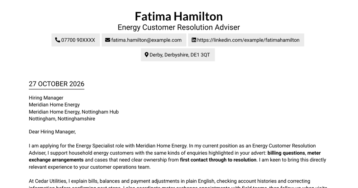 7 Energy Specialist - Customer Billing and Metering Cover Letter Templates with Example