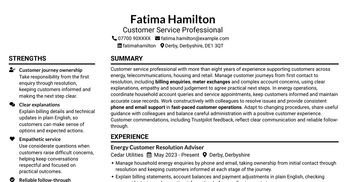 7 Energy Specialist - Customer Billing and Metering CV Templates with Example