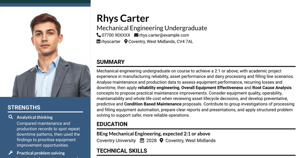7 Engineering Intern - Maintenance Reliability and Asset Performance CV Templates with Example