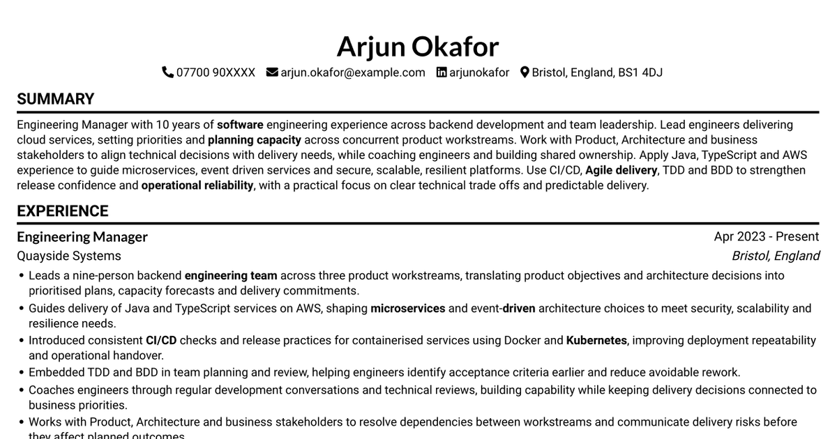 Engineering Manager - Java and AWS CV