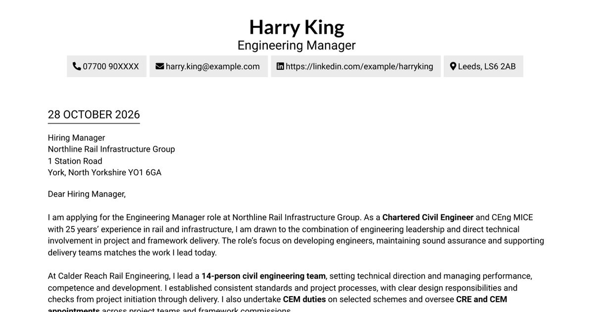 Engineering Manager - Rail Civil Engineering Cover Letter