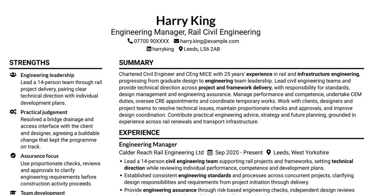 Engineering Manager - Rail Civil Engineering CV