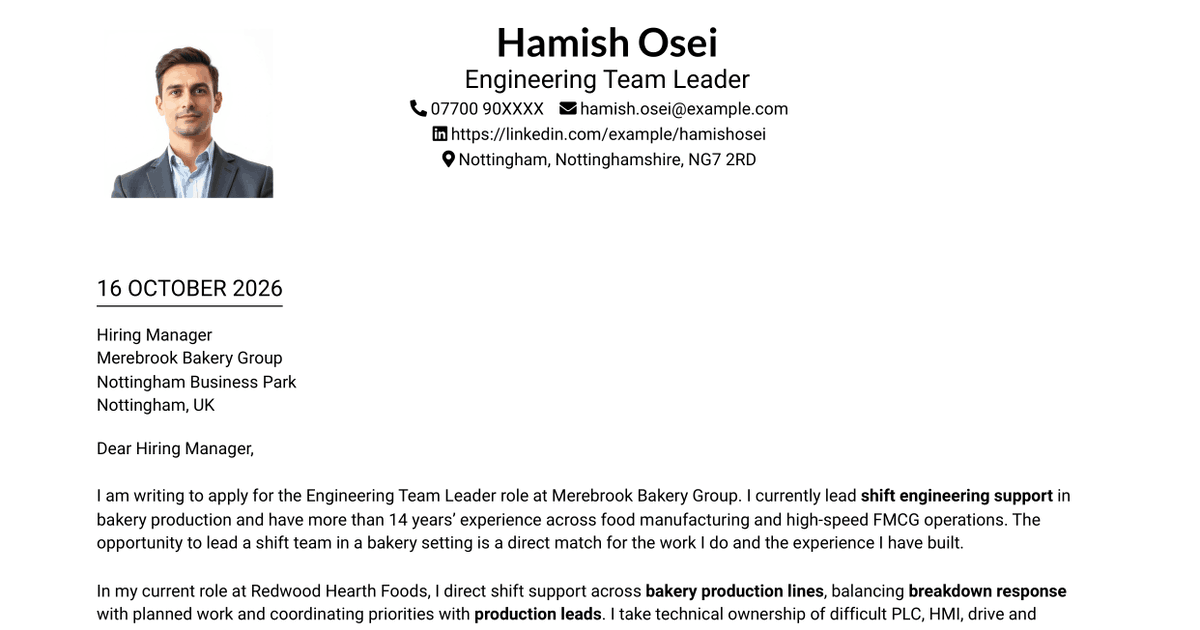 7 Engineering Team Leader - Food Manufacturing Cover Letter Templates with Example